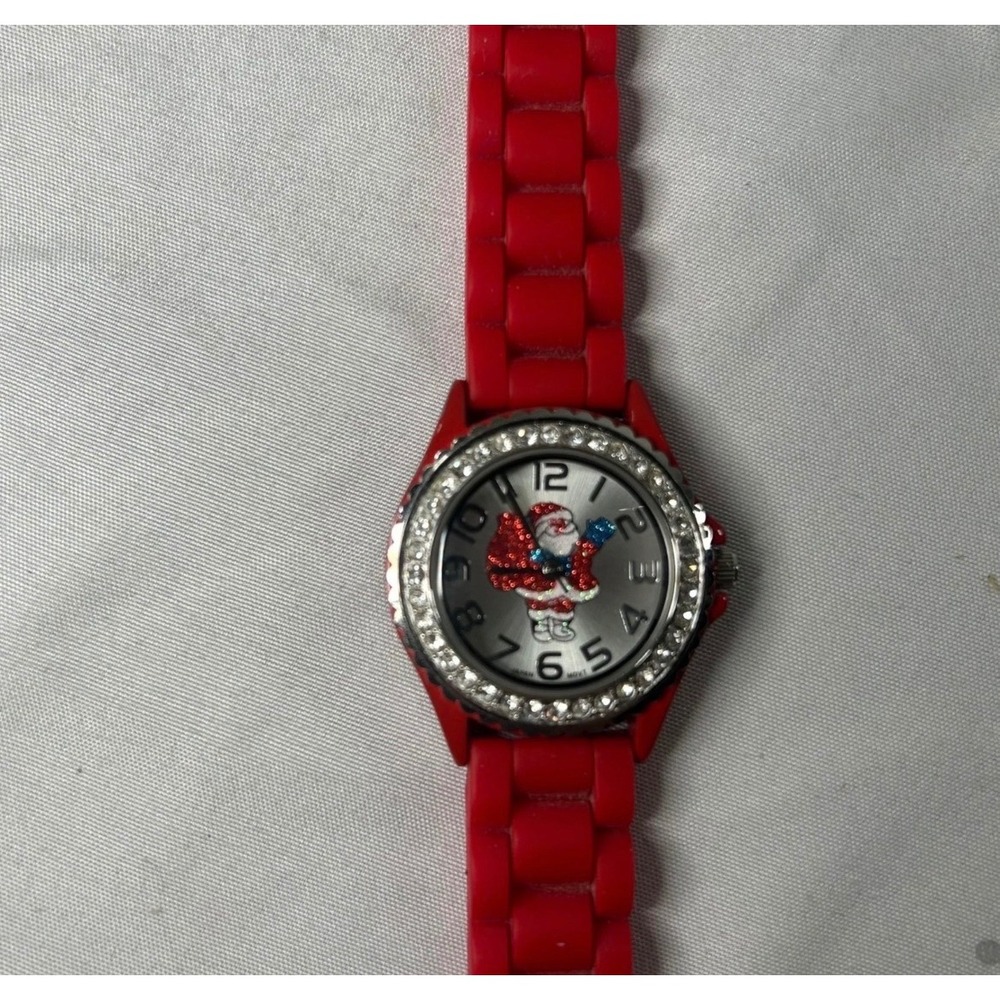 Geneva Platinum Santa Claus Christmas Watch Red Silicone Rhinestone Bezel 7876